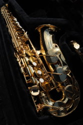 A saxophone showing detailed keywork